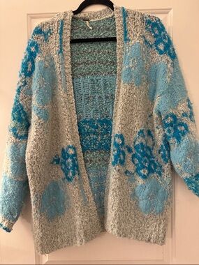 FP Cozy Floral Open-Front Women's Cardigan Sweater in Light Blue/Teal